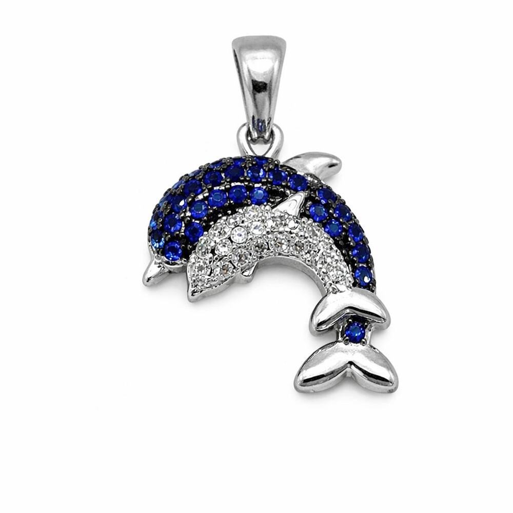 925 Sterling Silver Blue & White CZ Dolphin Pendant Charm 23mm